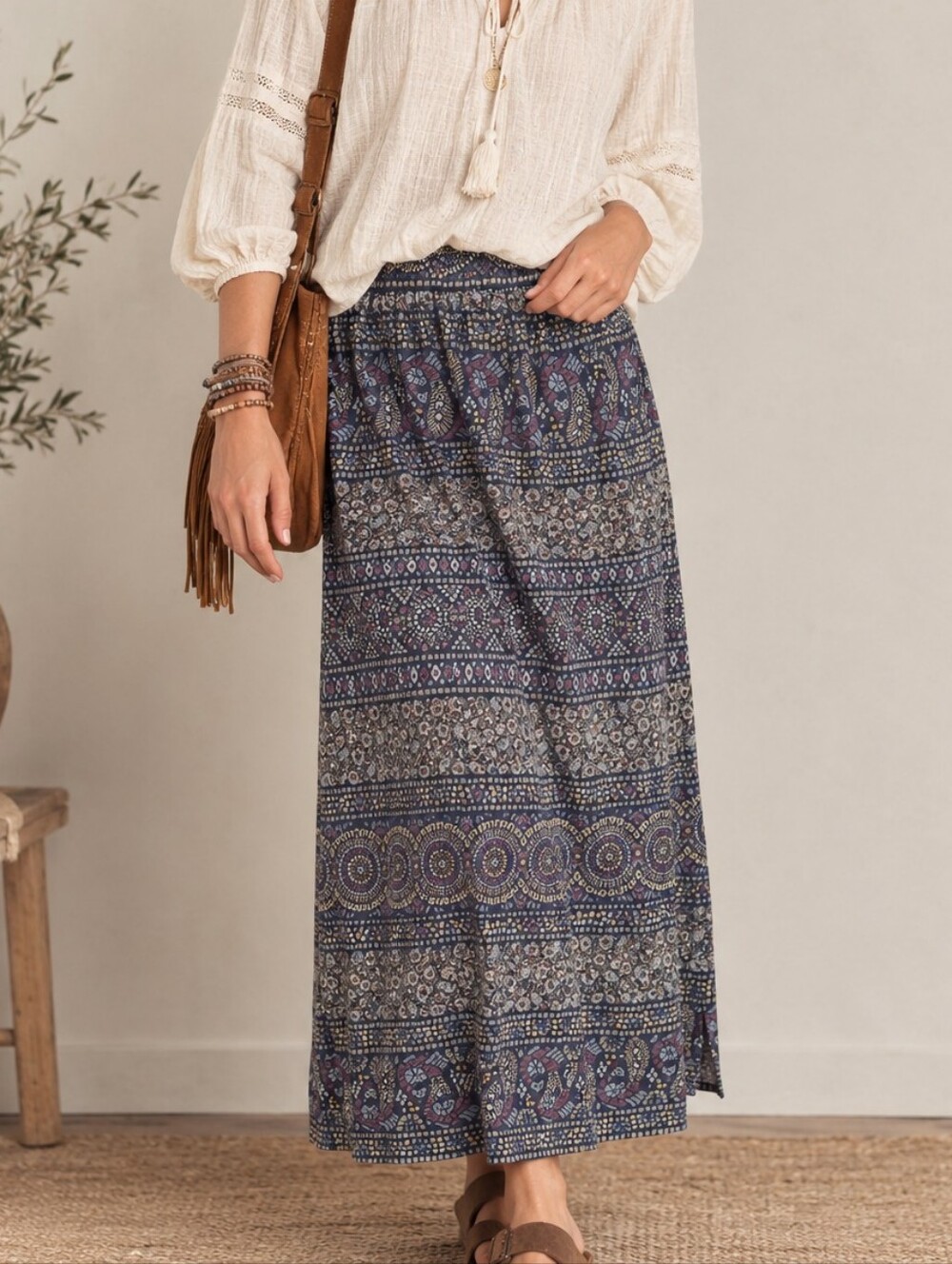 Ruff Hewn Jersey Knit Deep Tones Medallion Bird Maxi Skirt Flowy Comfy Fall PM